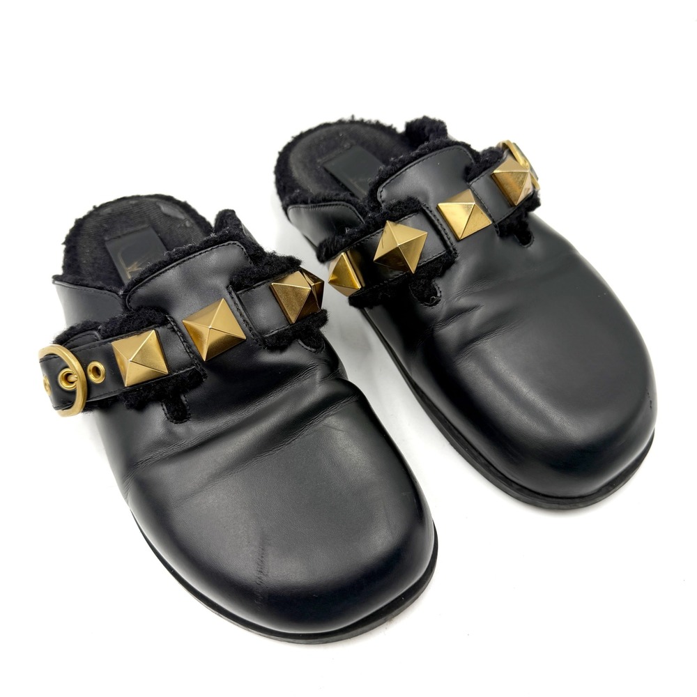 Valentino Roman Stud Mules Black Leather Shearling Lined Slides Womens Sz 36 / 6